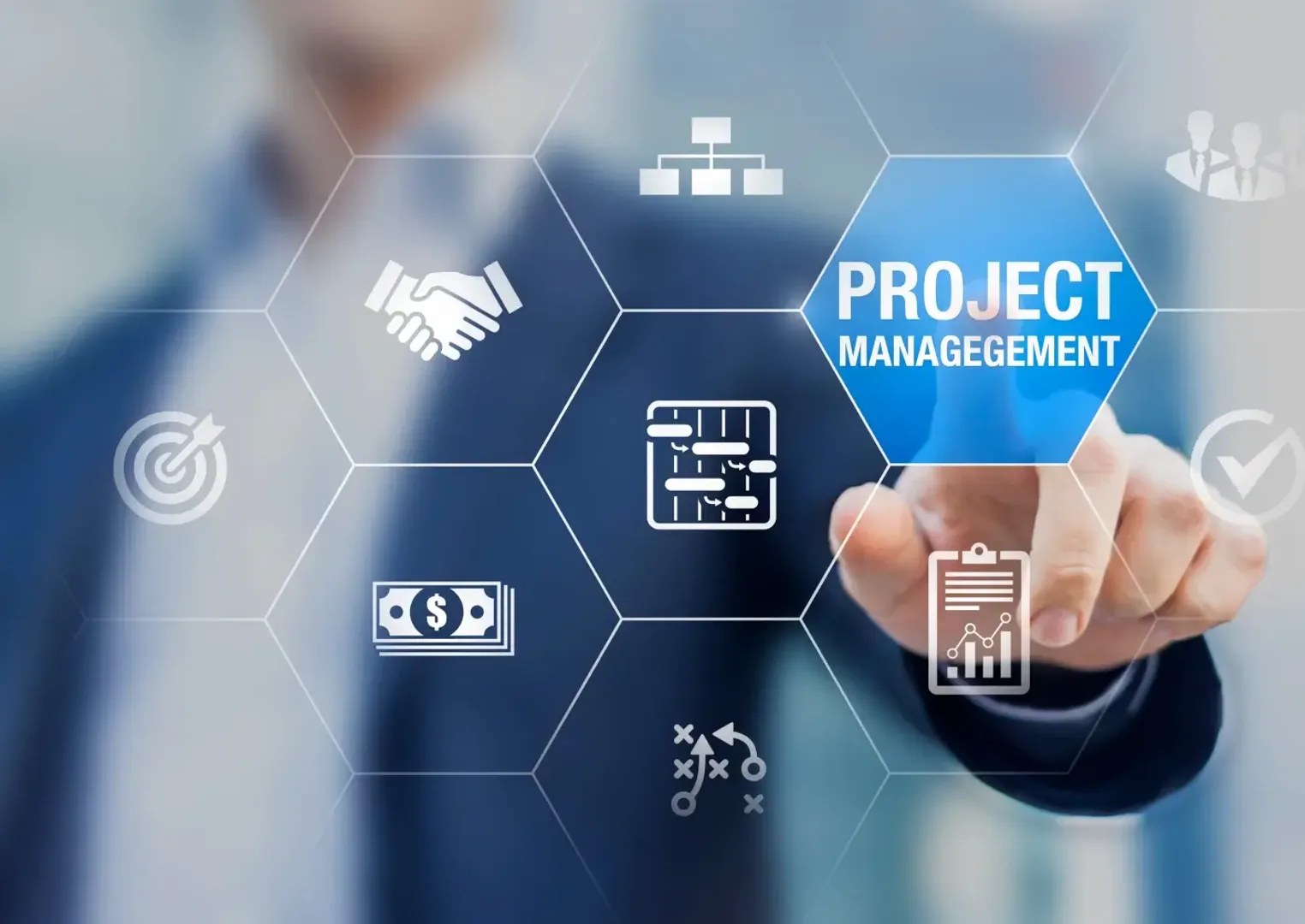 someone pressing project management on a glass whiteboard